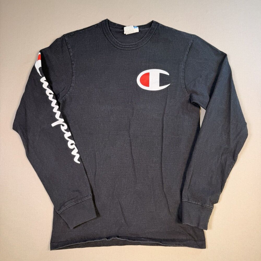 Vintage Champion Long Sleeve T- Shirt Mens Small Black Graphic Logo Top